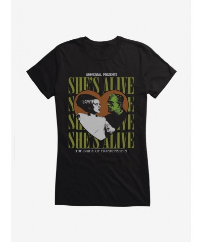 Seasonal Sale Universal Monsters Bride Of Frankenstein She's Alive Girls T-Shirt $9.96 T-Shirts